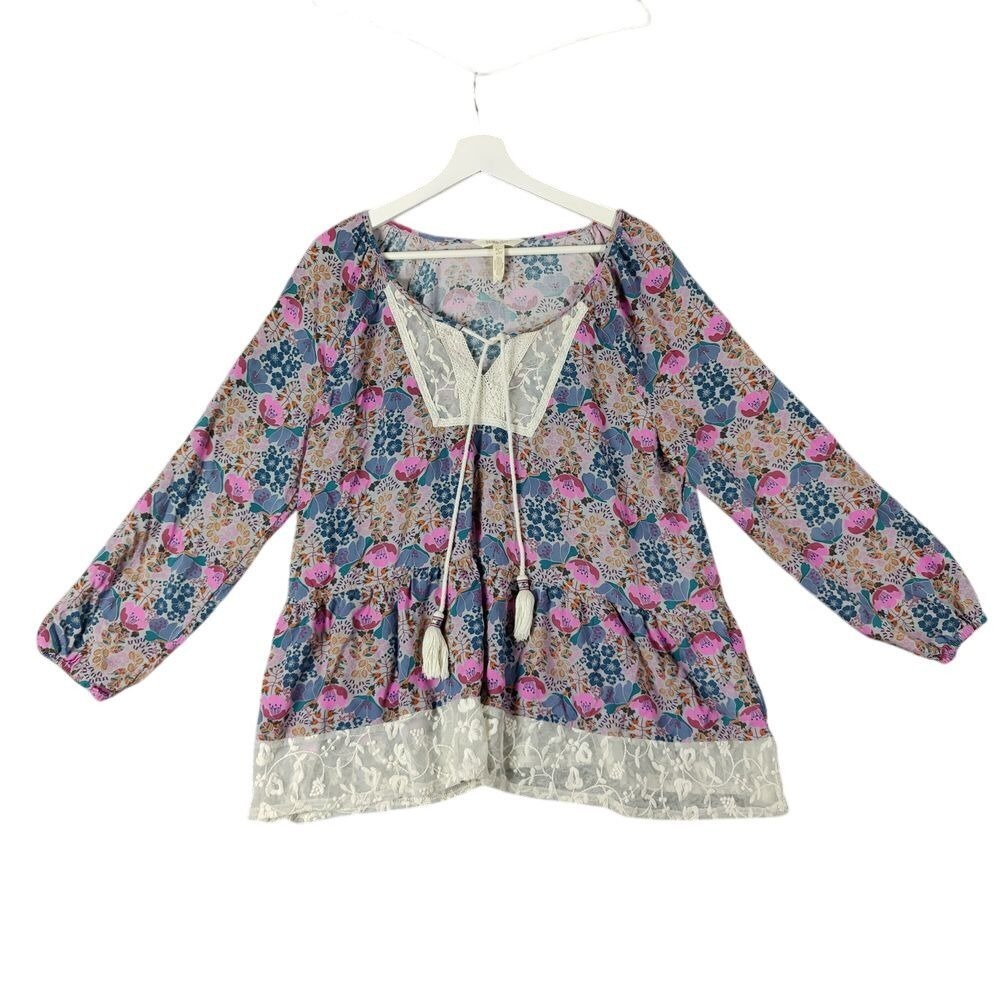 Matilda Jane Womens Boho Cottagecore Floral Peplum Blouse S Purple Lace Tassel